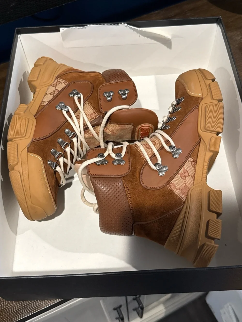 GUCCI GG Monogram Canvas Suede Flashtrek Hiking Boot Tan Brown Sz 8.5